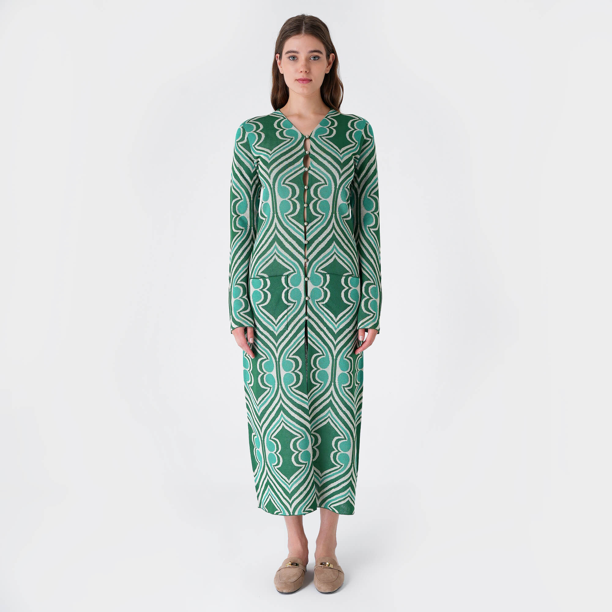 Etro - Green&White Viscose Knitted Kaftan Dress